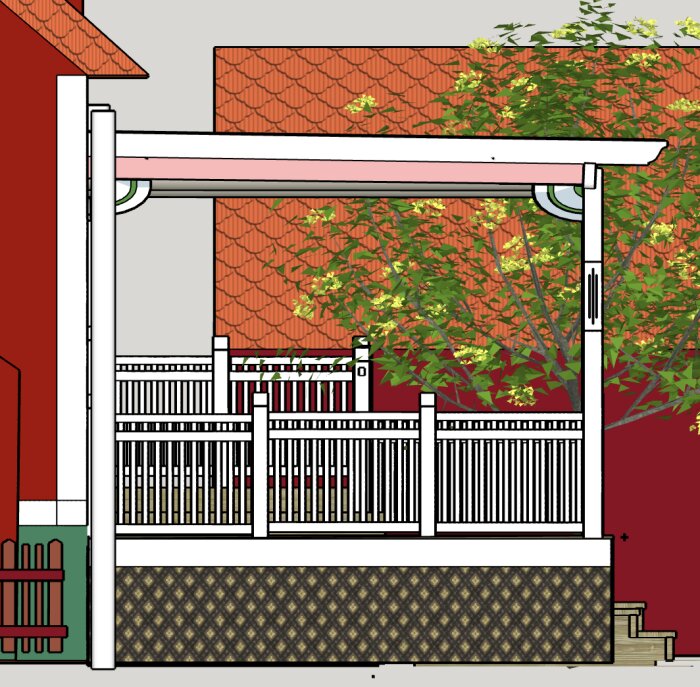 Illustration av pergola utan lutning med rosa bräda för att dölja taket, ovanpå vit räcke och omgiven av växtlighet och rött tegelhus i bakgrunden.