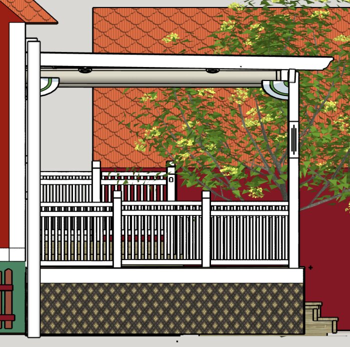 Illustration av en pergola utan lutning. Takstolar och överliggare syns, omgivna av en staketsektion och träd med orange tegeltak i bakgrunden.