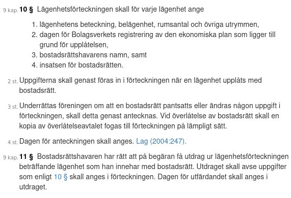 Lagtext om lägenhetsförteckning med detaljer om registrering, bostadsrättshavarens rättigheter och utdrag, samt hänvisning till Lag (2004:247).