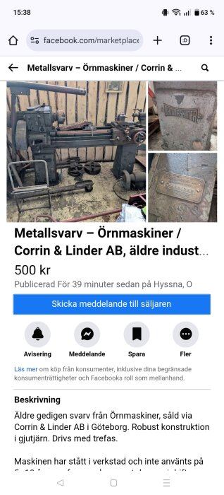 Äldre industrisvarv från Örnmaskiner, märkt Corrin & Linder AB, visas i verkstadsmiljö. Säljes för 500 kr.