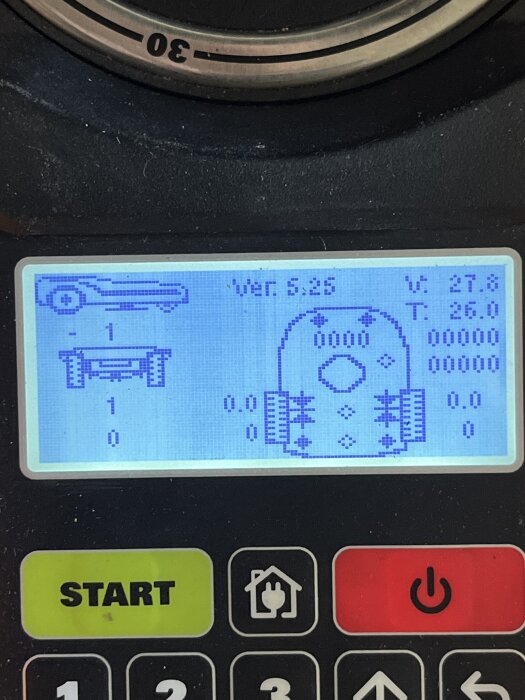 Kontrollpanel på robotgräsklippare, version 5.25 visas. Skärm med symboler, start- och stoppknapp i fokus. Felkoder relaterade till problemet "Upplyft".