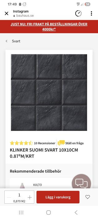 Svarta klinkerplattor, 10x10 cm, i rutmönster på nästan en kvadratmeter ark från Bauhaus.se.