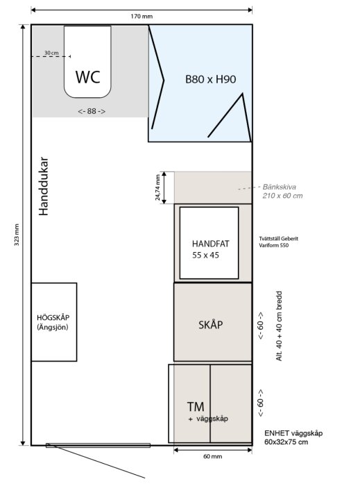 Ritning av badrumslayout med plats för tvättmaskin under bänk, handfat, skåp och WC. Mått och placeringar är markerade.