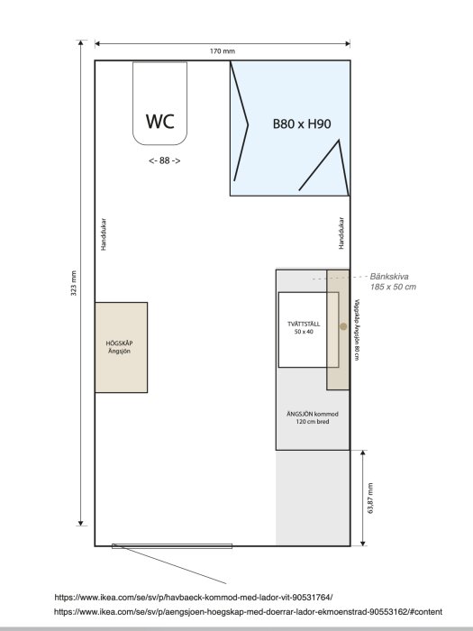 Ritning av badrum med placering av WC, högskåp, tvättställ, kommod och bänkskiva. Visar mått och positioner för installation.