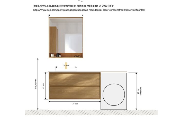 Illustration av badrumsmöbler med mått, inklusive en tvättmaskin under en bänk och träkommod, med länkar till IKEA-produkter.