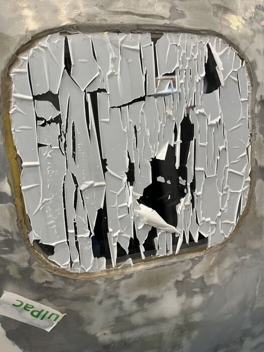 Sprucken fönsterfilm på bastuvagn, tecken på misslyckad avlägsning efter UV-exponering. Tydliga sprickor och delvis lossnad film på rutan.