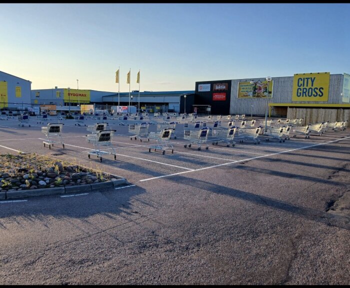 Tomma kundvagnar står utspridda på en parkeringsplats utanför Byggmax och City Gross, med reklam- och butiksfasader i bakgrunden.