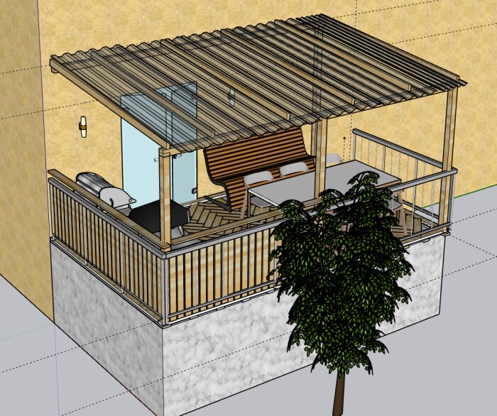 Illustration av en altan med fiskbenstrall, kanalplasttak, nytt räcke och möblemang. Belysning och grill syns, belägen mot en husvägg.