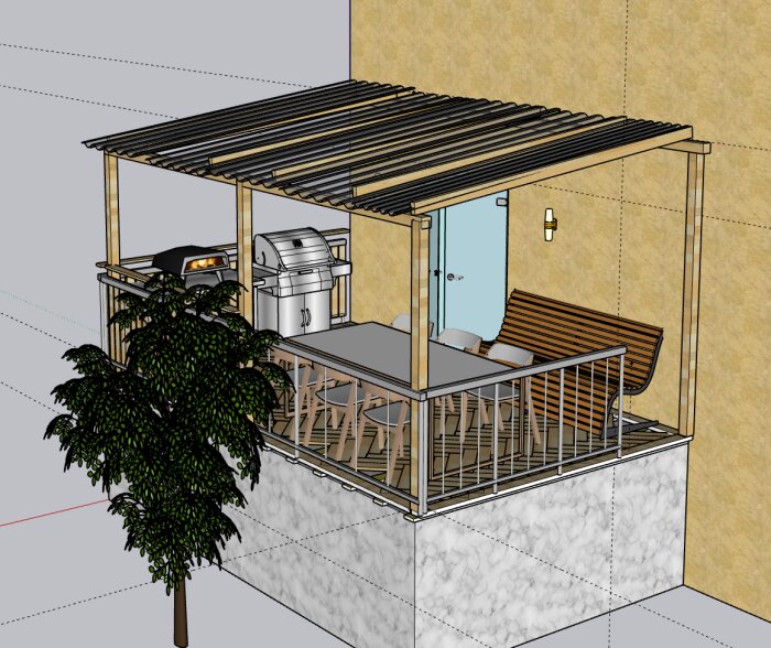 3D-modell av altan med fiskbenstrall, kanalplasttak, grill, bord och stolar, sittbänk, barnsäkert räcke och belysning mot en husvägg.