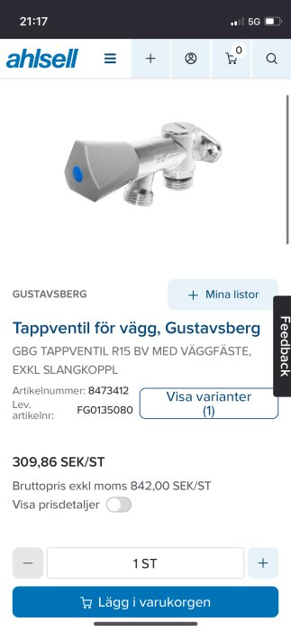 Tappventil för vägg från Gustavsberg, modell R15 BV med väggfäste utan slangkoppling.