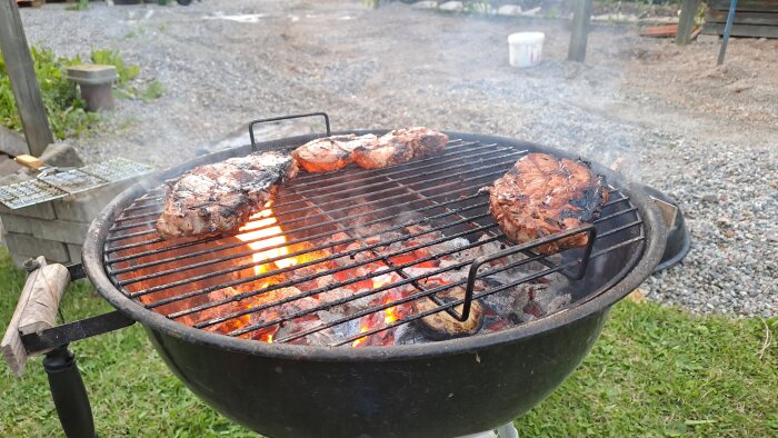 Köttbitar grillas på en kolgrill utomhus med synlig eld, del av matlagningsevent med surdegsbröd och pizza.