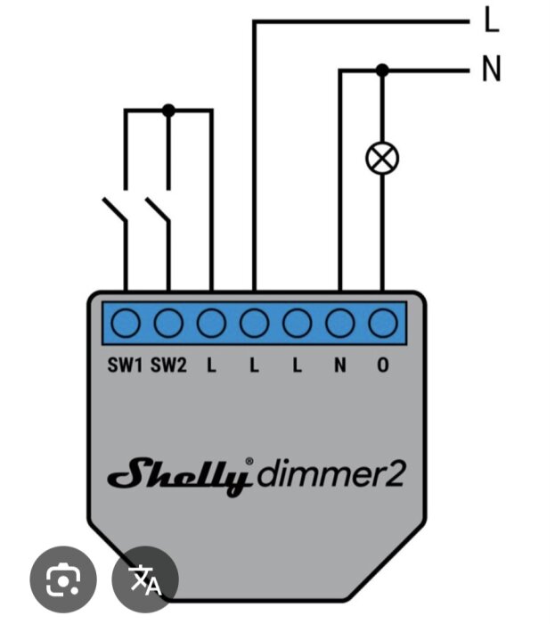 Anslutningsschema för Shelly Dimmer 2, visar koppling för styrning av spotlight, med enheter markerade SW1, SW2 och anslutningar L, N, O.
