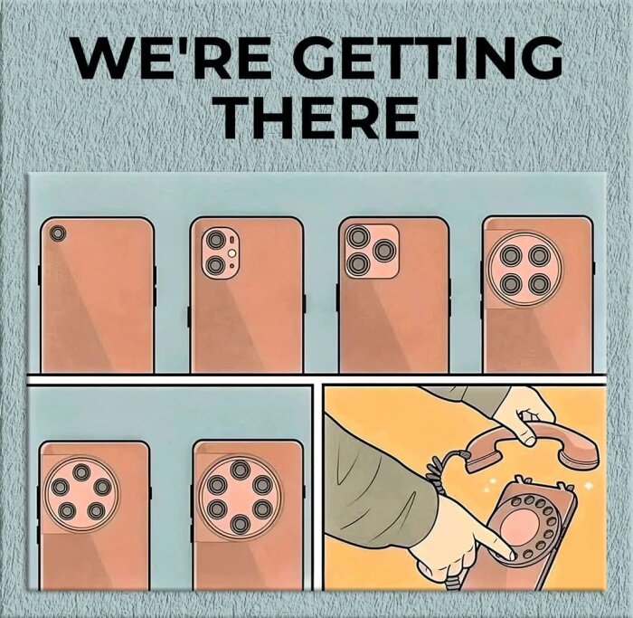 Illustration av smartphones med fler och fler kameror som utvecklas till en gammaldags roterande telefon med texten "We're getting there".