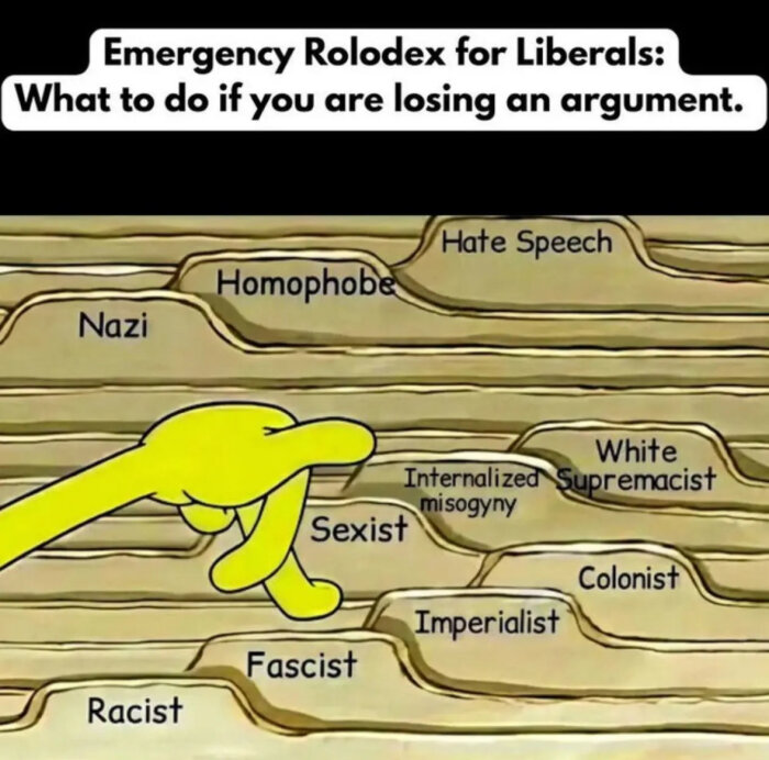 Tecknad bild av en hand som bläddrar bland flikar i en "emergency rolodex" med etiketter som "Sexist", "Racist" och "Homophobe".