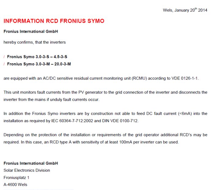 Textdokument om Fronius Symo-växelriktare och jordfelsbrytning, inklusive specifikationer och kraven enligt VDE-standarder.