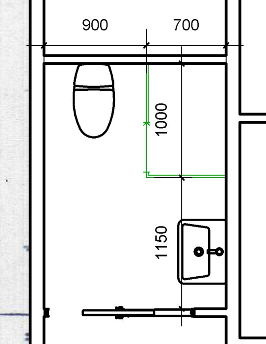 Planritning av badrum med mått, visar duschhörna 100x70, toalett och handfat. Diskussion om utrymme och möjlig användning av vikdörrar.
