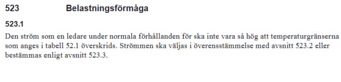 avsnitt 523.1 om belastningsförmåga och temperaturgränser för ledare