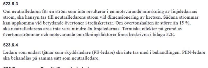 Textutdrag från elektrisk standard, fokus på neutralledare och övertoner i trefaskretsar enligt punkterna 523.6.3 och 523.6.4.