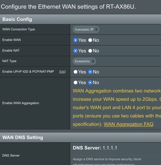 Routerinställningar för Ethernet WAN visar konfiguration av RT-AX86U, inklusive WAN-aggregation och DNS-server inställd på 1.1.1.1.
