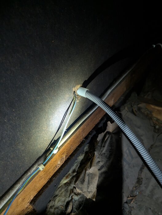 Kabeldragning med 400 V på en vind, klamrat på trä. Kabeln matas från en dosa och delar jord och neutralledare med ett vägguttag.