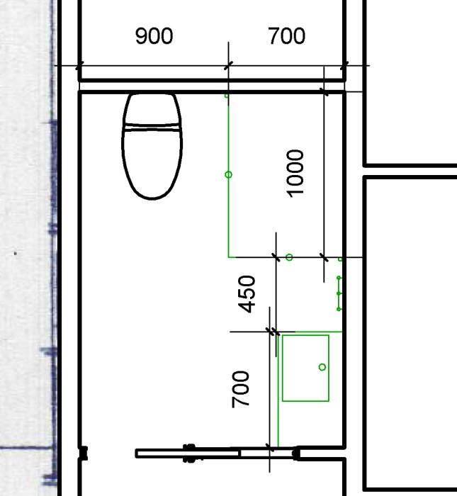 Ritning av badrum med mått, visar dusch på 100x70 cm med vikdörrar, utrymme för 70 cm kommod och smal handdukstork.