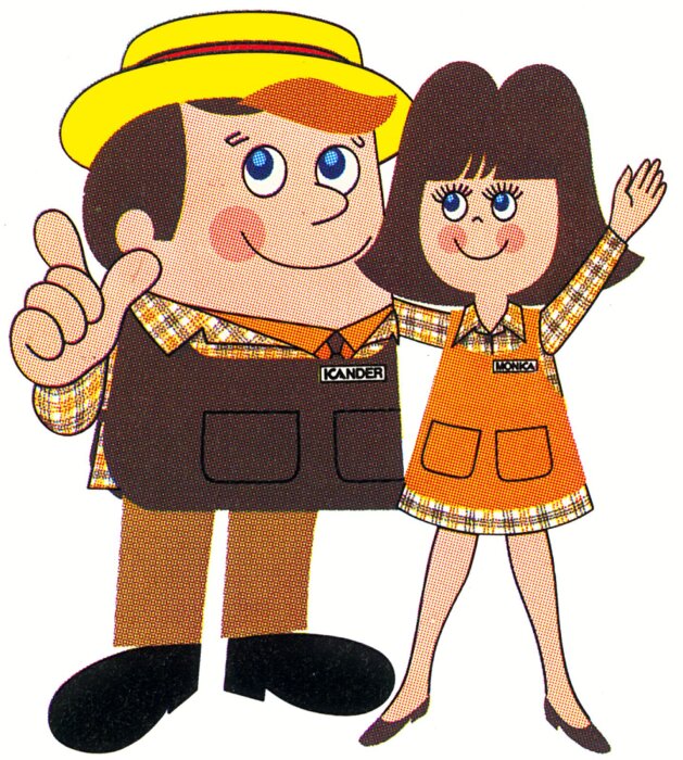 Två tecknade karaktärer, ICAnder och MonICA, står bredvid varandra med glada uttryck.