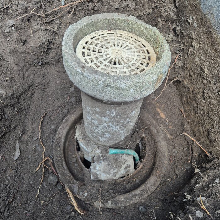 Brunn med gallerlock i jordig omgivning, del av ett dräneringssystem, synlig kabel bredvid.