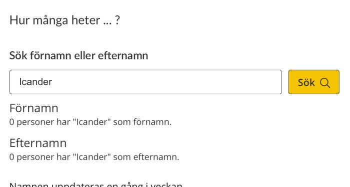 Söksida för namn med resultat som visar att 0 personer har "Icander" som för- eller efternamn.
