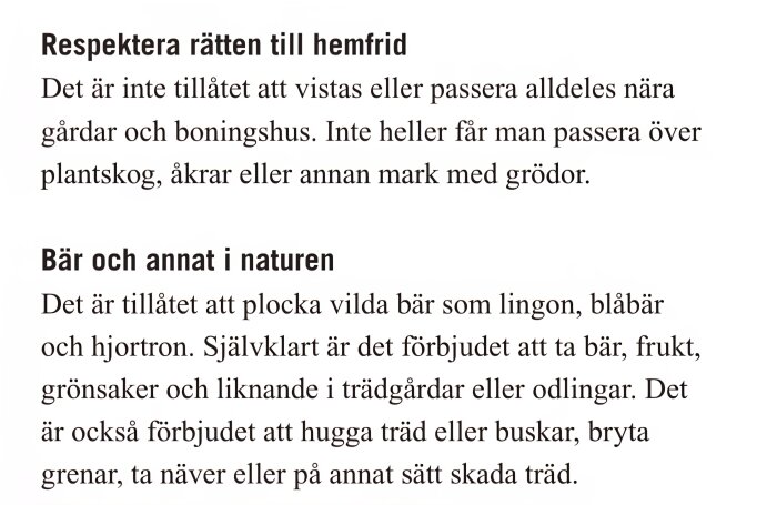 Textutdrag från Naturvårdsverket om hemfrid och plockning av bär i naturen.