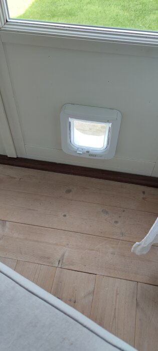 Kattlucka monterad i altandörr med trägolv framför. Gräsmatta syns genom luckan.