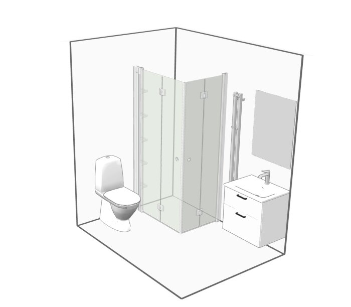 3D-ritning av ett badrum med toalett, duschkabin och handfat med förvaring under.