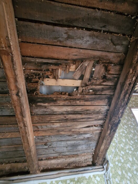 Skadat tak med hål, saknad underlagspapp, exponerat isolering; potentiell vattenskada.