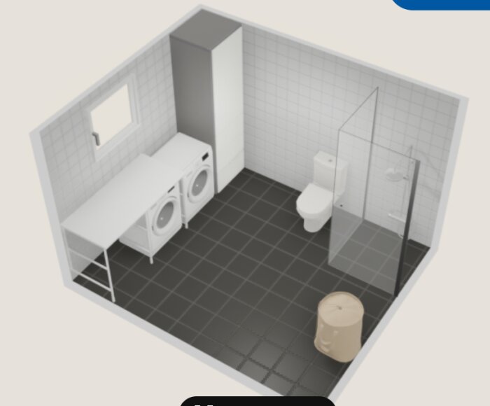 Planritning av badrum och tvättstuga med tvättmaskin, förvaring, toalett, dusch och fönster. Bänkskiva sträcker sig längs ena väggen.
