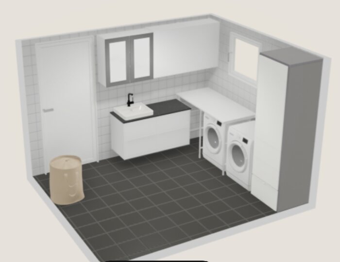 3D-ritning av kombinerat badrum och tvättstuga med tvättmaskin, torkskåp, tvättställ, förvaring och bänkskiva, planerad med Ikeas verktyg.