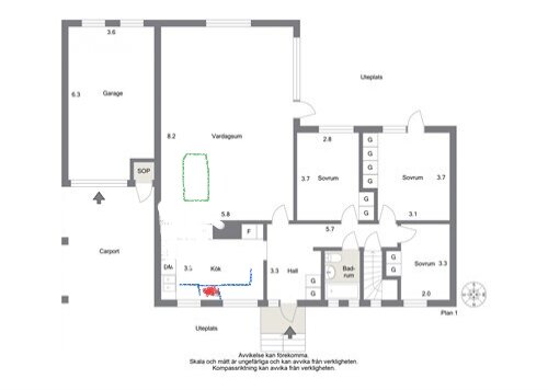 Planskiss med färgmarkeringar för förslag på kökslayout, röd för spis och grön för matplats vid murstock.