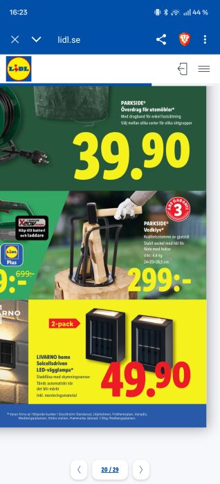 Lidl-reklamblad med Parkside vedklyv på en stubbe, solcellsdriven LED-vägglampa 2-pack, och överdrag för utemöbler, med aktuella priser.