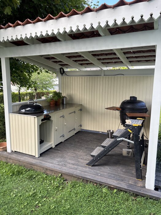 Utomhuskök under pergola med grill, arbetsbänk och trappa, omgivet av grönska, del av pågående byggprojekt.