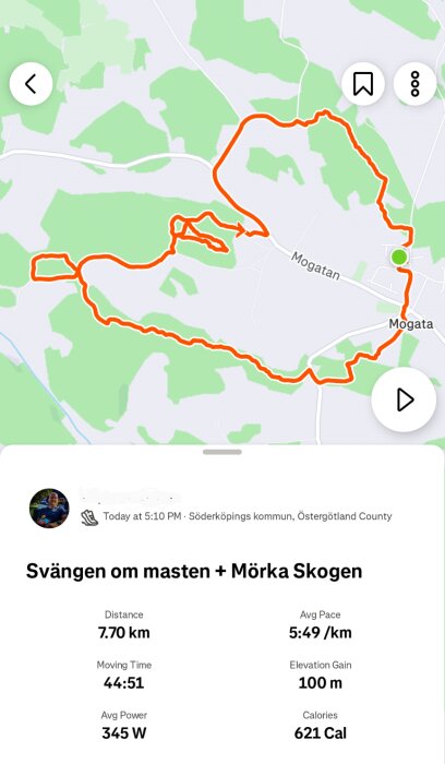 Karta över en 7,70 km lång löprunda i Söderköpings kommun med statistik som tid 44:51 min och kalorier 621.