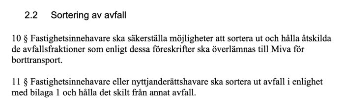 Bild på text från avfallsföreskrifter som förklarar fastighetsinnehavares ansvar för sortering och borttransport av avfallsfraktioner i Örnsköldsvik.
