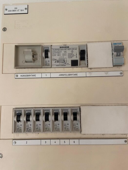 Elcentral med Siemens jordfelsbrytare och automatsäkringar, märkta 10A och 16A, inklusive huvudbrytare.