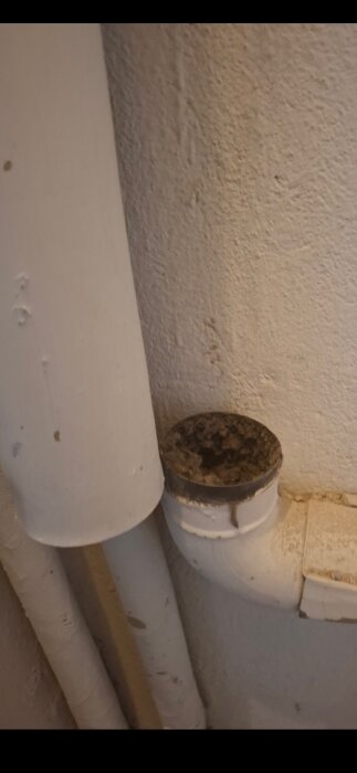 Rörsystem i vägg med ett runt, dammfyllt lock på en avledning.