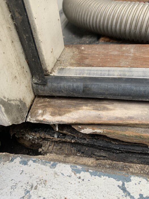 Ruttet trä i en tröskel vid en ytterdörr, med sliten och sönderfallande yta, samt ett rör synligt i bakgrunden.