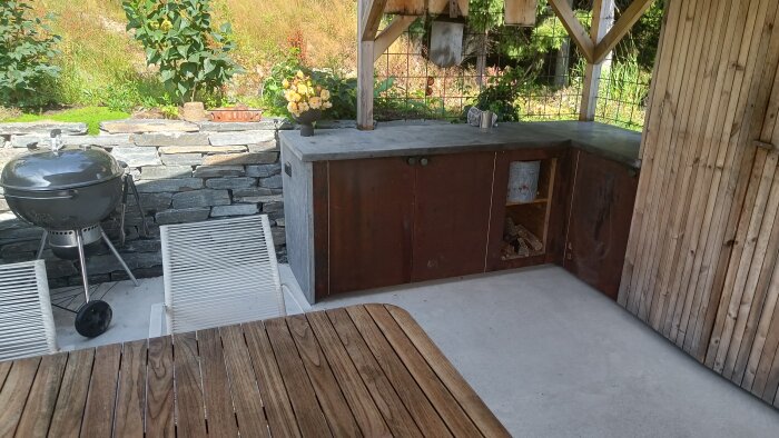 Utekök i trä och sten med en grill, bord och stolar på en uteplats omgiven av grönska.