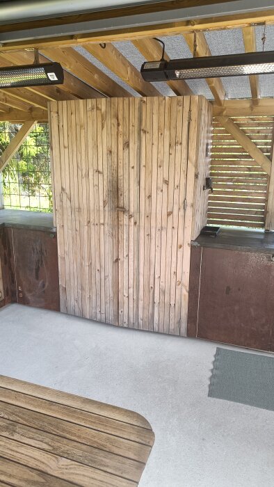 Utekök med träpanel, mörk bänkskiva och takbelysning, inspirerande för bygg- och renoveringsprojekt.