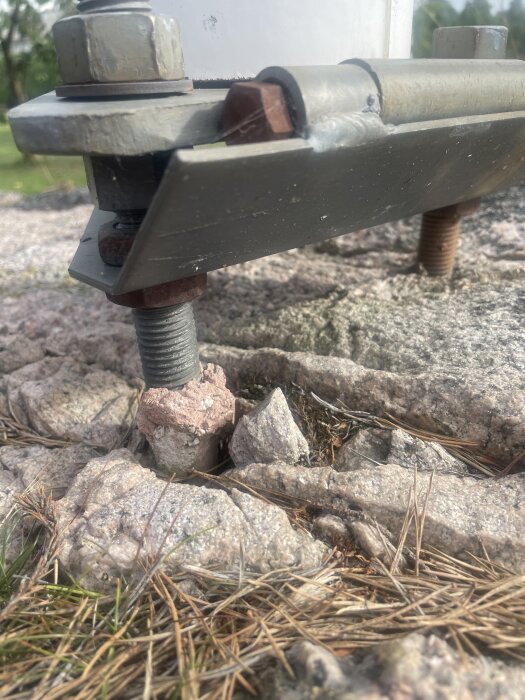 Flaggstång med sneda fästbultar i berg, en bult delvis uppkrupen ur sprucken sten, omgiven av tallbarr.