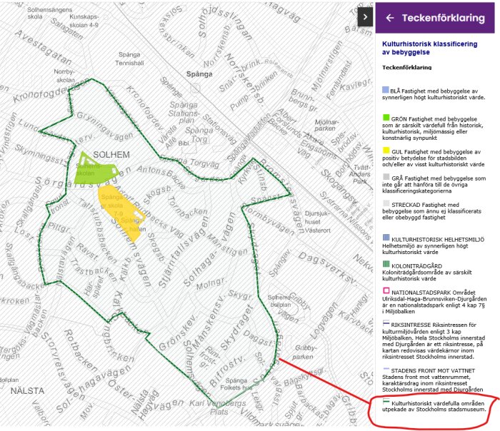 Karta över Spånga där ett grönmarkerat område är inringat som kulturhistoriskt värdefullt enligt teckenförklaringen till höger.