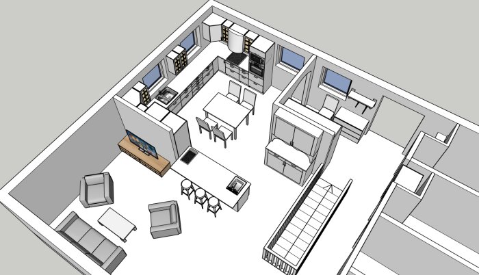 3D-plan av kök och vardagsrum med u-formad köksbänk, matbord med fyra stolar, soffa, tv och fåtöljer, samt köksö med barstolar.