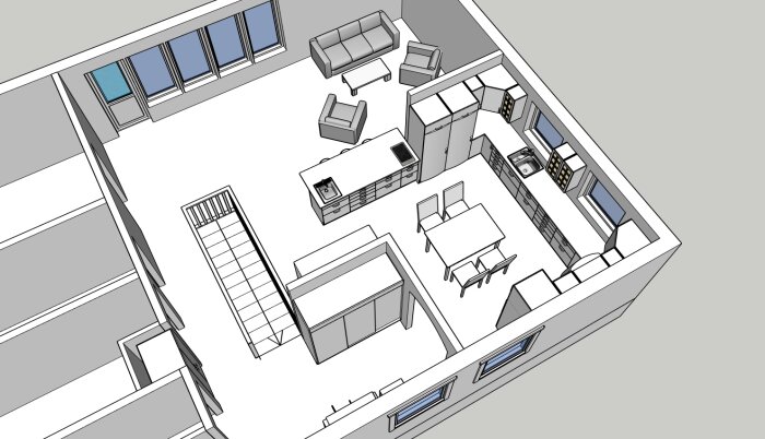 Ritning av rum med vardagsrumsmöbler, köksdel, matbord och stolar, samt fönster och dörr.