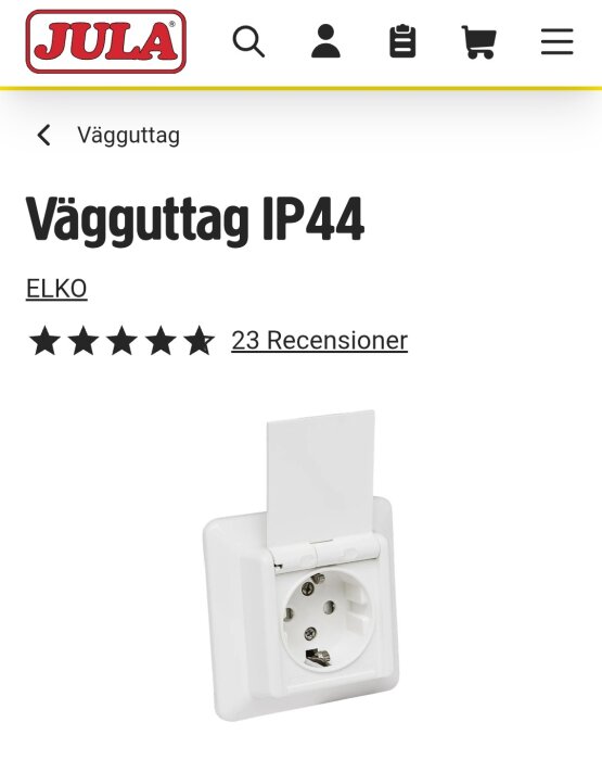 Vägguttag IP44 från Elko med skydd mot stänk och fukt, visas med skyddskåpa öppen.