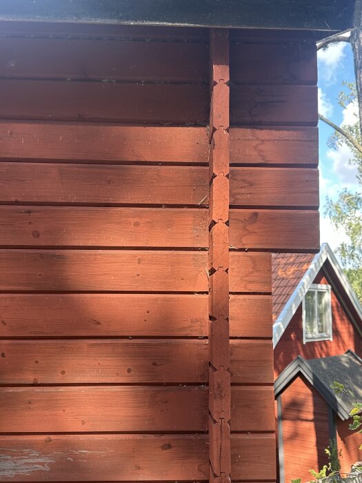 Vägg av rödmålad träpanel på friggebod med tydliga sprickor mellan brädorna.